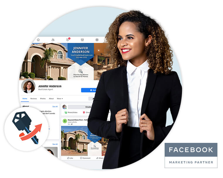 Confident young woman in front Facebook page